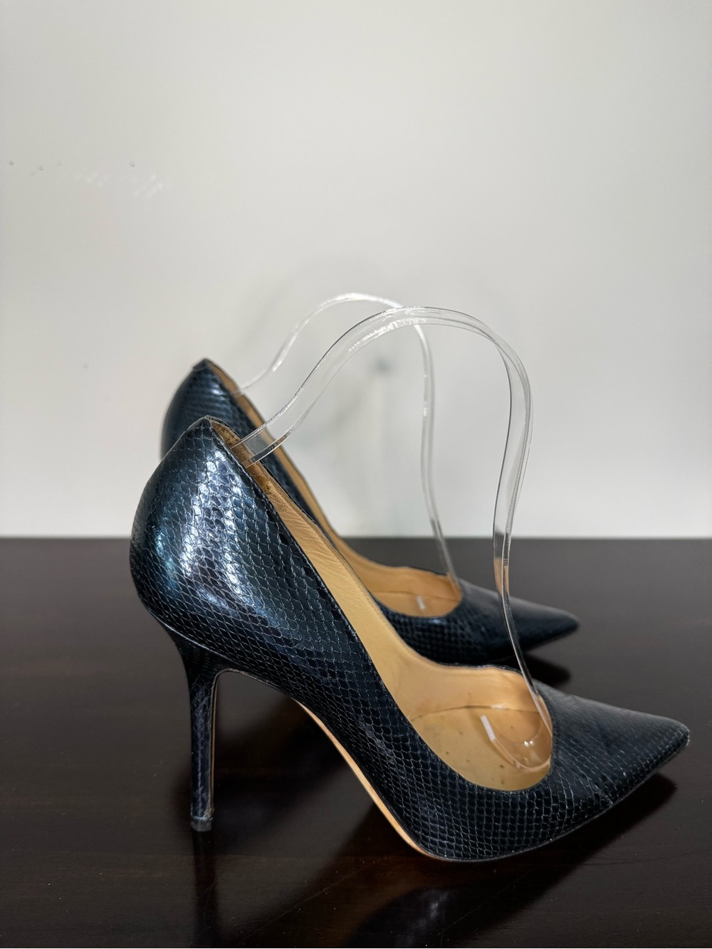 Jimmy Choo Blue Metallic Snakeskin Embossed Pointed Toe Pumps